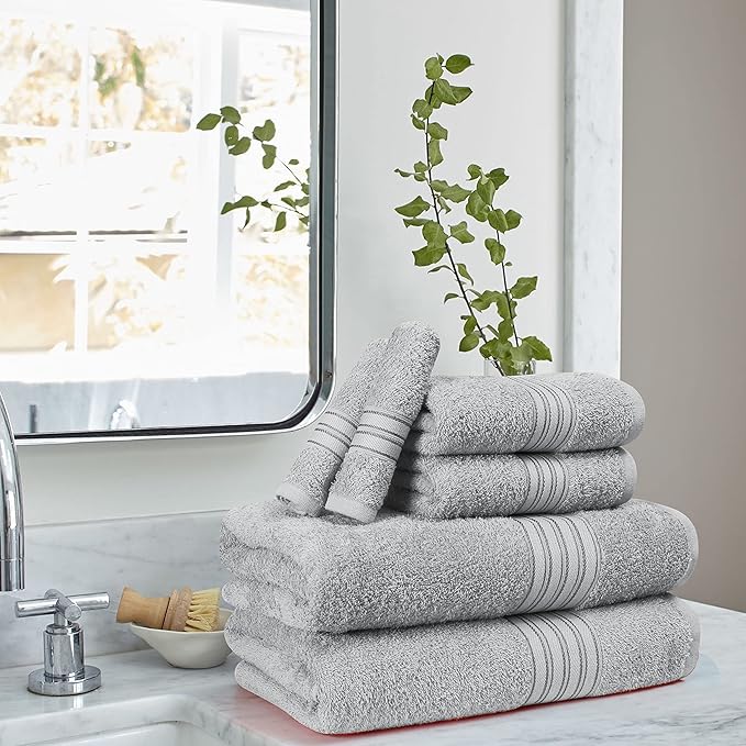 BOUTIQUO 6 Pack Cotton Towel Set, Contains 2 Bath Towels 28x55 inch, 2 Hand Towels 16x24 inch & 2 Wash Coths 12x12 inch, Ideal Everyday use, Ultra Soft Compact & Lightweight - Light Grey