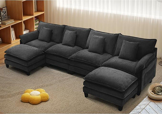 Modular Sectional Sofa, Comfy Cloud Couch with Movable Ottoman, Deep Seat Couches for Living Room, Bedroom and Apartment, 140" U Shaped Modern Sofa with Pillows, Black