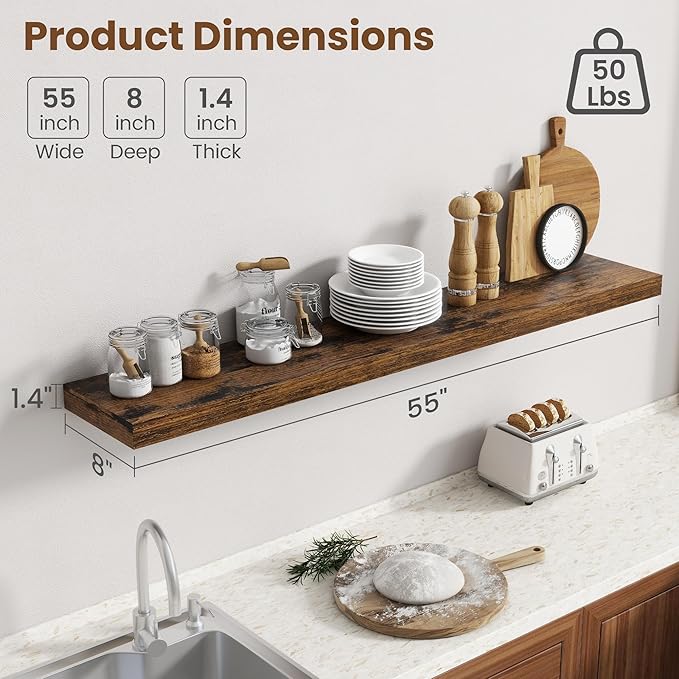 55 Inch Floating Shelves for Wall, 8 Inch Deep Floating Shelf for Storage & Display, Wall Mounted Shelf with Invisible Brackets for Living Room, Kitchen, Bathroom, Home Decor, Set of 2, Rustic Brown