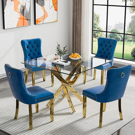Goujxcy Glass Dining Table Set for 4, Modern Kitchen Table and Chairs Set of 4, 5-Piece Kitchen Dining Room Table Set w/36 Square Gold Glass Dining Table and 4 Blue Velvet Upholstered Chairs