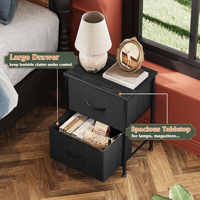 WLIVE Black Night Stand, Small Dresser with 2 Drawers & Wooden Top, Nightstand with Fabric Bins, Bedside Table End Table for Bedroom, Closet, Entryway, College Dorm, Charcoal Black