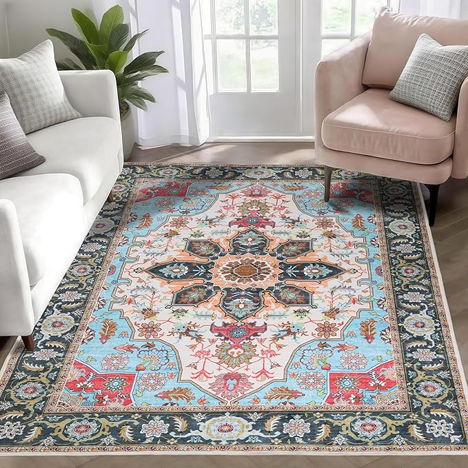 WILLSUN Washable Area Rugs, 4x6 Non-Slip Boho Large Area Rugs for Living Room, Bedroom, Machine Washable Vintage Rug, Indoor Floral Print Carpet for Home Decor, Kid & Pet Friendly Mat