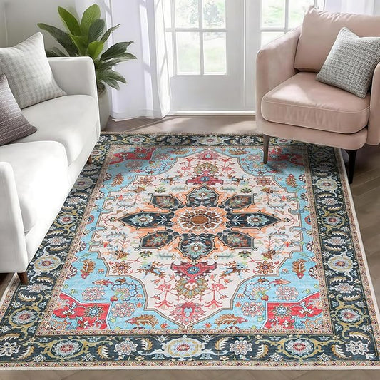 WILLSUN Washable Area Rugs, 4x6 Non-Slip Boho Large Area Rugs for Living Room, Bedroom, Machine Washable Vintage Rug, Indoor Floral Print Carpet for Home Decor, Kid & Pet Friendly Mat