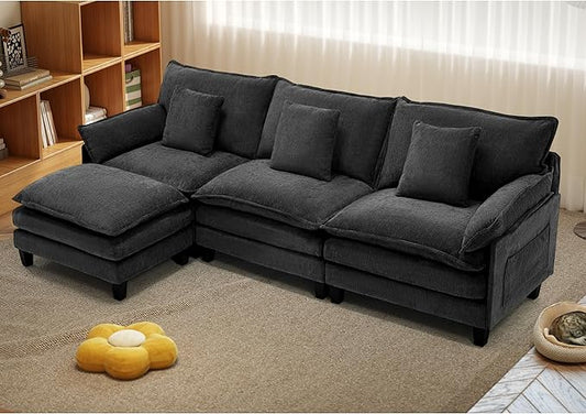 Modular Sectional Sofa, Comfy Cloud Couch with Movable Ottoman, Deep Seat Couches for Living Room, Bedroom and Apartment, 106" L Shaped Modern Sofa with Pillows, Black