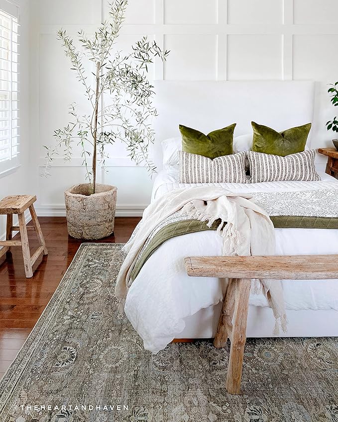 Loloi Layla Collection LAY-13 Antique/Moss 2'-6" x 9'-6" .13" Thick Runner Rug, Soft, Durable, Vintage Inspired, Distressed, Low Pile, Non-Shedding, Easy Clean, Printed, Living Room Rug