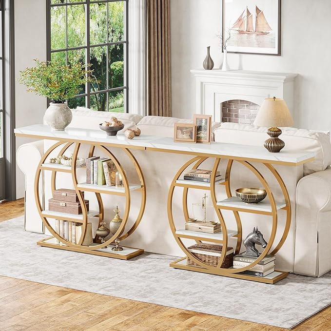 Tribesigns 47.24" Industrial Console Table, 5-Tier Entryway Table with Adjustable Feet, Narrow Long Sofa Table with Storage Shelves for Living Room, Hallway, Behind Couch, Anti-Tip Design (White Gold)