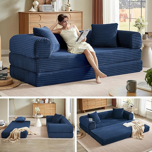 Boneless Couch Sofa Bed Sectional Couches for Living Room,Futon Cloud Couch with Sleeper Sofa,Sofas for Living Room Oversized Corduroy Upholstered (Blue)