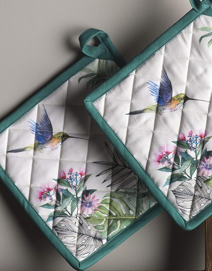 Maison d' Hermine Pot Holders Set 100% Cotton Heat Resistant Potholders 8" x 8" Hot Pads with Loop BBQ, Cooking, Baking, Grilling, Kitchen, Handling Hot Pans Spring/Summer (Pack of 2, Tropiques)