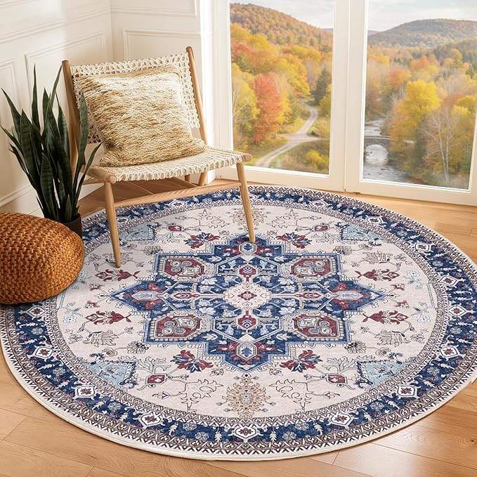 OPPODREAM Thin Round Rug 4ft, Washable Circle Rug 4ft with Non Slip Backing Play Room, Low-Pile Carpet 4 ft, Small Faux Cashmere Throw Carpet, Navy Blue & Red & Cream