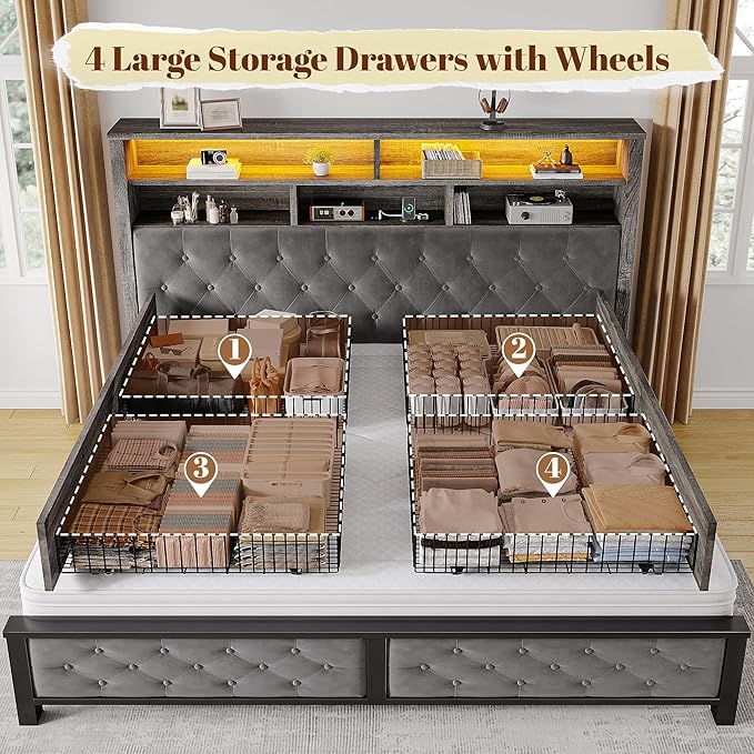 EnHomee King Size Bed Frame with 4 Drawers and Upholstered Storage Headboard,Wooden King Bed Frame with Charging Station and LED Lights,NO Noise,No Box Spring Needed,Gray