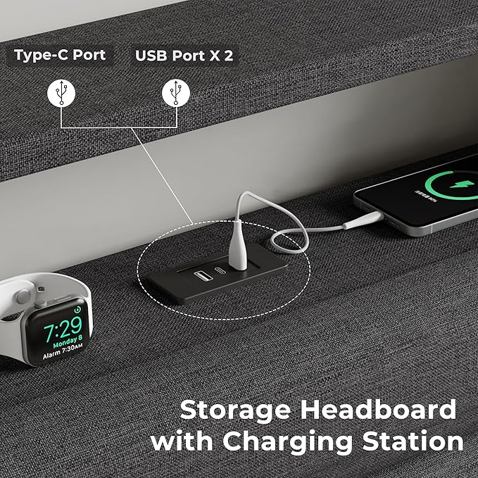 King Size Bed Frames with Upholstered Headboard, Modern Platform Bed with Charging Station and Led Lights, Bed Frame with Sturdy Wooden Slats/No Box Spring Needed/2-Tier Storage, Grey