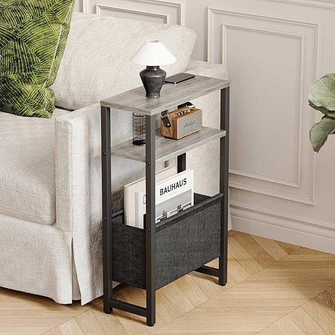 Narrow Side Table, Slim End Table with Magazine Rack, Bedside Table for Small Spaces, 3 Tier Sofa Couch Table Nightstand for Living Room, Bedroom, Oak Grey LET503Q