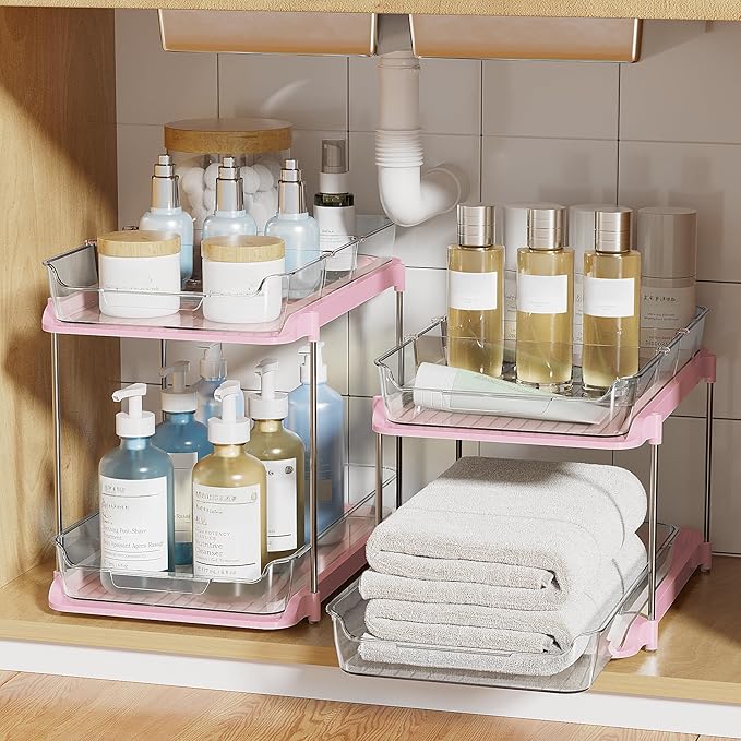 Delamu 2-Tier Multi-Purpose Bathroom Under Sink Organizers and Storage, Stackable Kitchen Pantry Organization, Pull Out Medicine Cabinet Organizer with Movable Dividers, Pink, 2 Pack