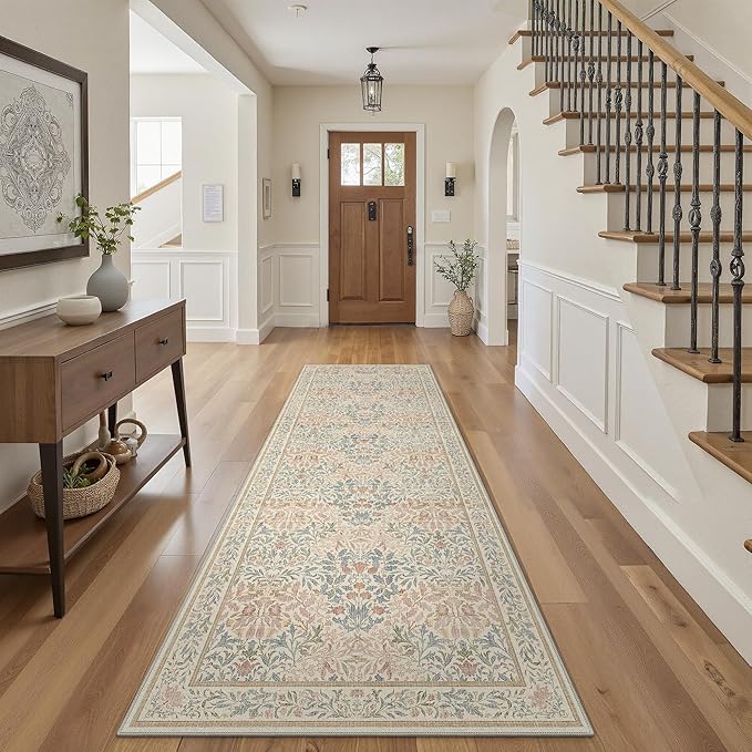 GENIMO Floral Washable Runner Rug 2’6”x10’, Non-Slip Long Hallway Carpet for Entryway, Kitchen, Indoor Floor Use, Vintage Boho Soft Thin Rug Décor, Beige Pink