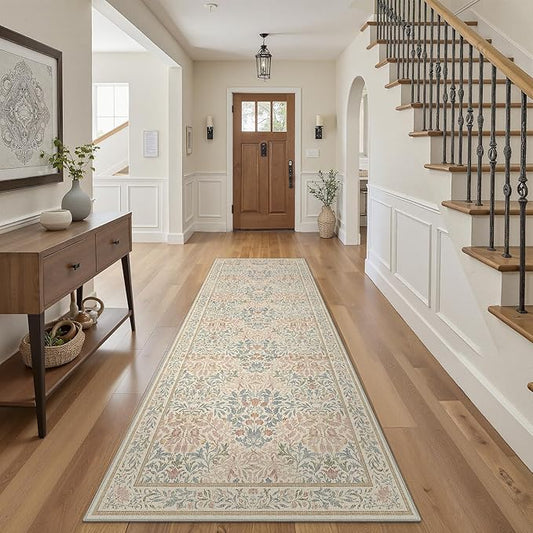 GENIMO Floral Washable Runner Rug 2’6”x10’, Non-Slip Long Hallway Carpet for Entryway, Kitchen, Indoor Floor Use, Vintage Boho Soft Thin Rug Décor, Beige Pink