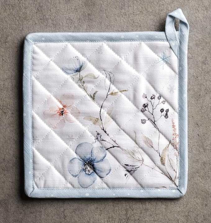 Maison d' Hermine Pot Holders 100% Cotton Heat Resistant Potholders 8" x 8" Hot Pads with Loop for Thanksgiving Christmas Decorations BBQ Cooking Baking Handling Hot Pans (Pack of 1, Ice Florals)