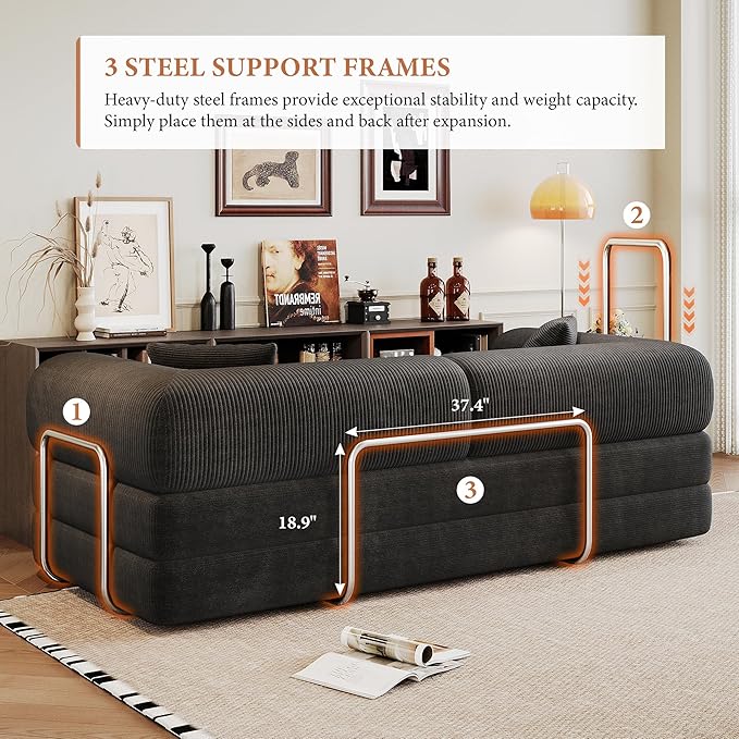 Boneless Couch Sectional Sofa,Convertible Sofa Bed with Sleeper Sofa,Futon Floor Couch Folding Sofas for Living Room,Bedroom,Apartment (Black, 78.8''W)