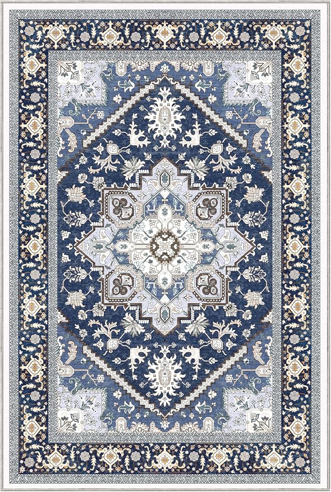 OPPODREAM Thin Area Rugs 5x7, 5x7 Washable Rug with Non Slip Backing, 5 x 7 Faux Cashmere Low-Pile Carpet, Navy Blue & Gold
