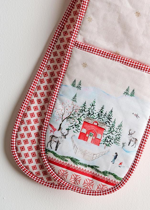 Maison d' Hermine Double Oven Mitt (7" x 35") 100% Cotton Heat Resistant BBQ Cooking Gloves with Loop for Thanksgiving Christmas Decorations Baking Cooking Barbeque Handling Hot Pan (Rural Christmas)