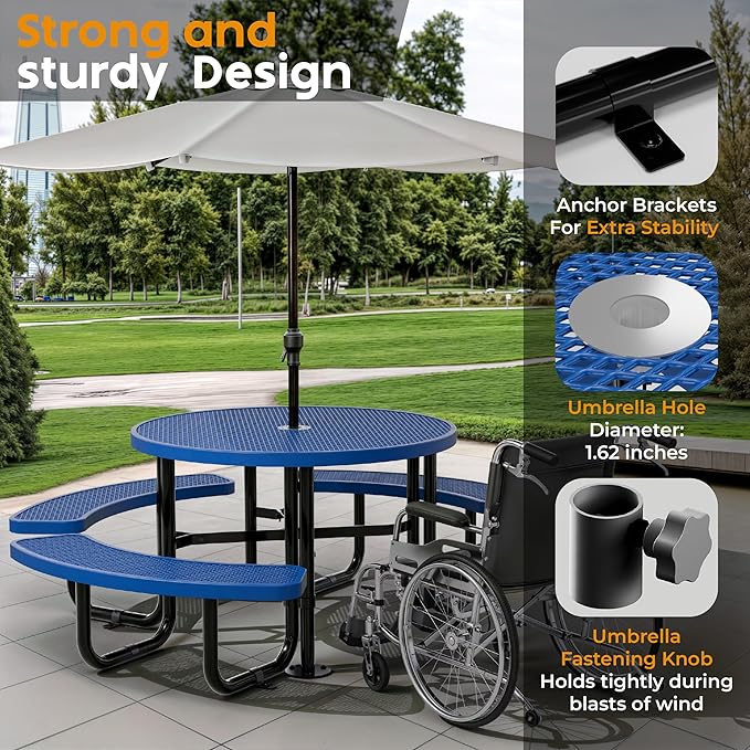 Metal Picnic Tables for Outdoors with Umbrella Hole - Coated Steel Heavy Duty Commercial Grade Furniture Set with Adjustable Seats (Blue, 46 in, Round, Expanded Steel)