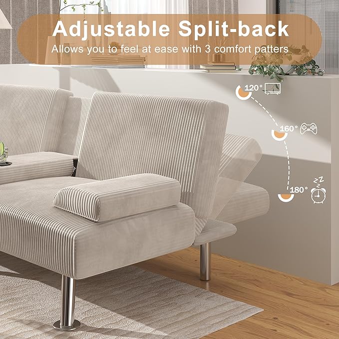 Shahoo Modern Upholstered Convertible Folding Futon Sofa Bed with Removable Armrests, Metal Legs, 2 Cup Holders for Living Room, Beige