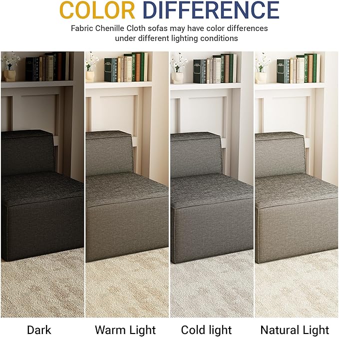 38“ Modular Sectional Sofa Convertible Cube Thick Couch Seat Set, Combine L-Shaped U-Shaped, Free Assembly, Space-Saving for Living Room, Fabric Chenille Black Grey (Only Armless)