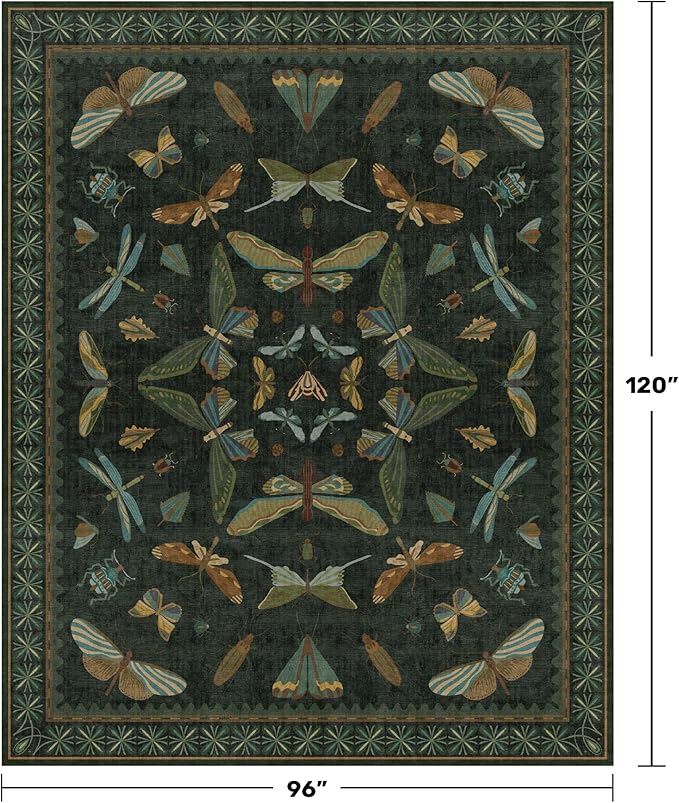 Dark Green Insect Area Rugs 8x10 for Living Room, Dining Room Under Table, Bedroom, Unique Washable Floral Non Slip Low Pile Soft Rug