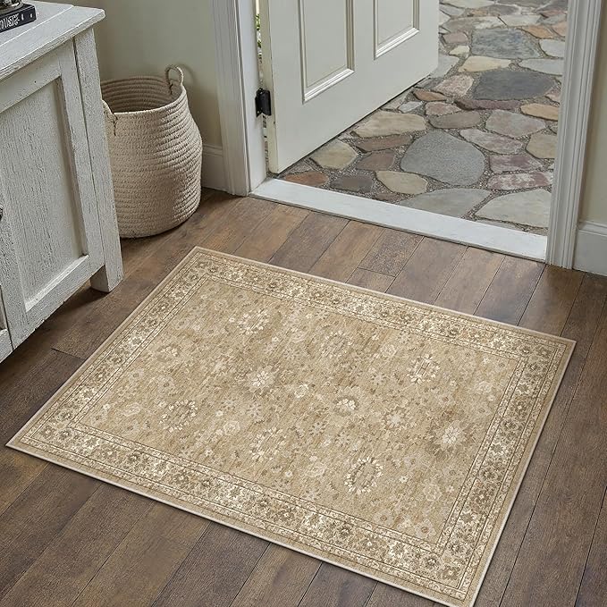 2x3 Brown Entryway Area Rug Machine Washable Doormat Kitchen Vintage Distressed Non Slip Carpet Indoor Traditional Floral Accent Throw Small Rug for Bathroom Office Bedroom Living Dining Room