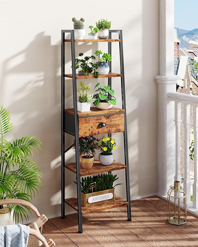Furologee 5 Tier Ladder Shelf, Tall and Narrow Bookshelf with Drawer,Standing Bookcase Units, Industrial Open Display Shelves Organizer for Bathroom,Kitchen,Bedroom,Living Room,Rustic Brown