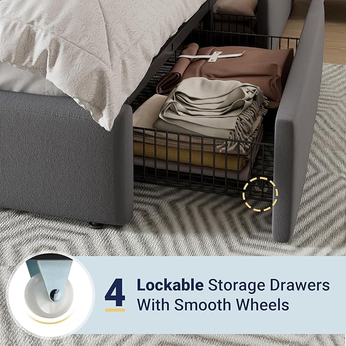 Allewie Modern King Size Platform Bed Frame with 4 Storage Drawers and Velvet Upholstered Headboard, Wooden Slats Support, Upholstered Mattress Foundation/No Box Spring Needed/Easy Assembly, Grey