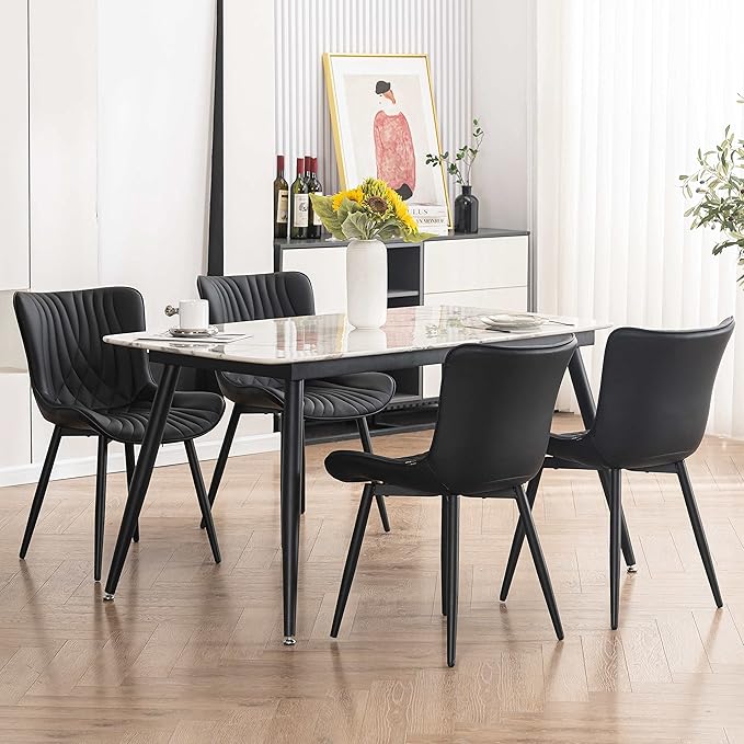 YOUTASTE Black Dining Chairs Set of 2 Upholstered Mid Century Modern Kitchen Dining Room Chairs Armless Faux Leather Accent Chairs Metal Vanity Lounge Chair with Back for Living Room Bedrooms