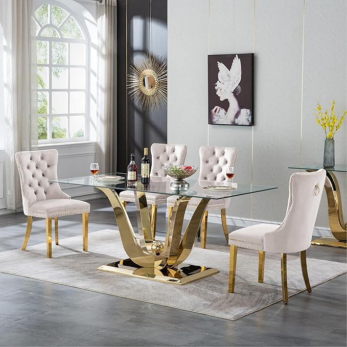 70" Modern Gold Glass Dining Table Set for 4, 5-Piece Rectangle Kitchen Dining Room Table Set with Steel Base & 4 Beige Velvet Upholstered Chairs, Modern Glass Kitchen Table and Chairs Set of 4