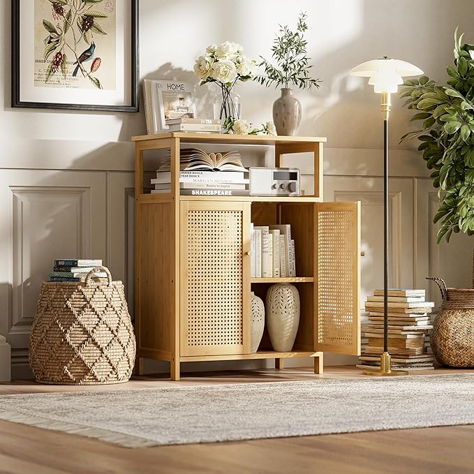 Bathroom Floor Stand Cabinet, Bamboo Storage Organizer Table with 2 Rattan Doors and 1 Shelf, Wooden Side Cupboard for Hallway, Laundry, Kitchen, Living Room (Natural)