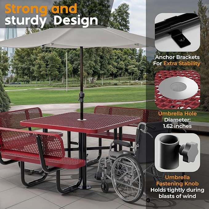 Metal Picnic Tables for Outdoors with Umbrella Hole - Coated Steel Heavy Duty Commercial Grade Furniture with Adjustable Seats (Red, 46 in, Square with Back, Expanded Steel)