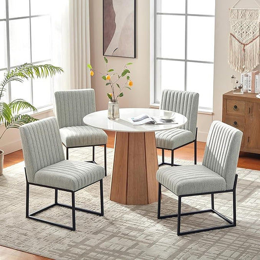 VKNOW Upholstered Dining Chairs Set of 4, Modern Dining Room Chairs with Stripe, Linen Kitchen Chair Dinner Chair with Black Metal Base for Kitchen Office, Light Grey