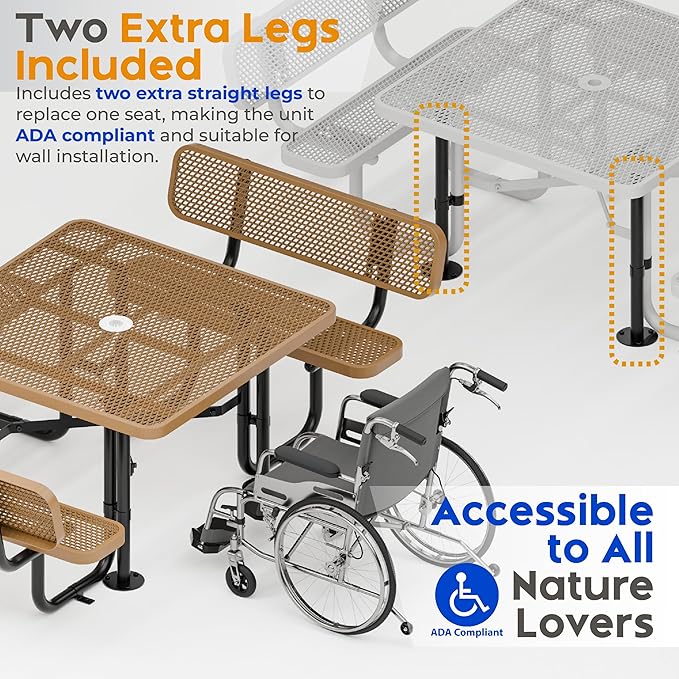 Metal Picnic Tables for Outdoors with Umbrella Hole - Coated Steel Heavy Duty Commercial Grade Furniture with Adjustable Seats (Brown, 46 in, Square with Back, Expanded Steel)