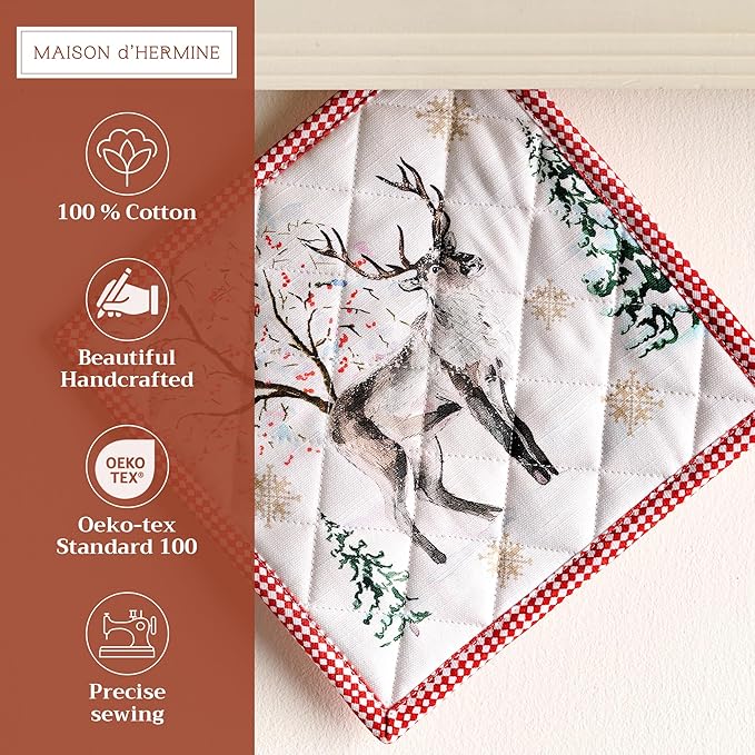 Maison d' Hermine Pot Holders 100% Cotton Heat Resistant Potholders 8" x 8" Hot Pads with Loop for Thanksgiving Christmas Decorations BBQ Cooking Baking Handling Hot Pans (Pack of 1, Rural Christmas)