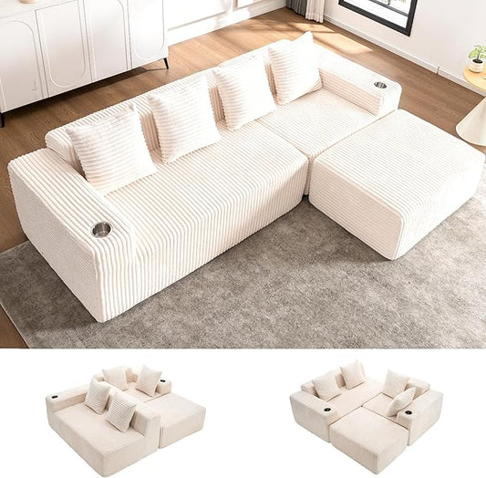 106" Modular Sectional Sofa, Modern Cloud L-Shape Couch with Ottoman Chaise, Comfy Deep Seat Chenille Boneless Couches for Living Room, No Assembly Required, Beige