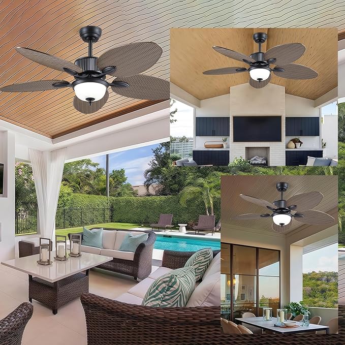 50 Inch Tropical Ceiling Fans with Lights and Remote/APP Control, Outdoor Waterproof Palm Leaf Ceiling Fan for Patios Porches, Wet Rated, Glass Lampshade, 6 Speeds, Quiet, Dark Brown