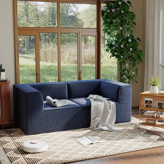 76" Sectional Compressed Sofa Modular Couches Loveseat 2 Deep Seat,High-Density Foam No Assembly Required,2-Piece(2xCorner) for Living Room Fabric Chenille Blue