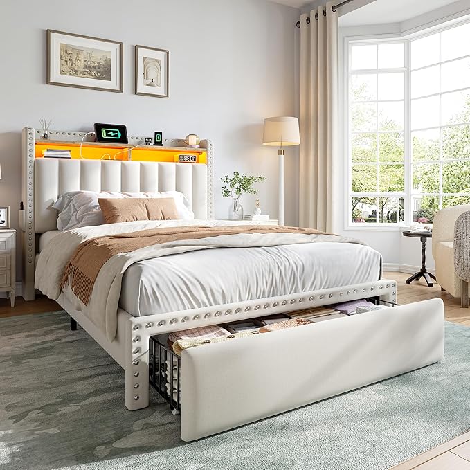 EnHomee Twin Size Bed Frame with One Large Storage Headboard & Charging Station, LED Platform Bed Frame with Storage Drawers, Sturdy Wooden Slats Support, Noise-Free, No Box Spring Needed, Beige