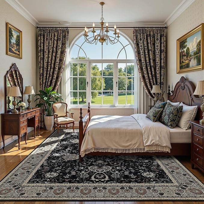 Deerly 6x9 Vintage Rugs for Dining Room, Washable Rugs Non Slip Large Area Rug for Living Room Bedroom Office, Floor Decoration Big Rug Mat Low-Pile Kid & Pet Friendly(Blcak Navy Multi