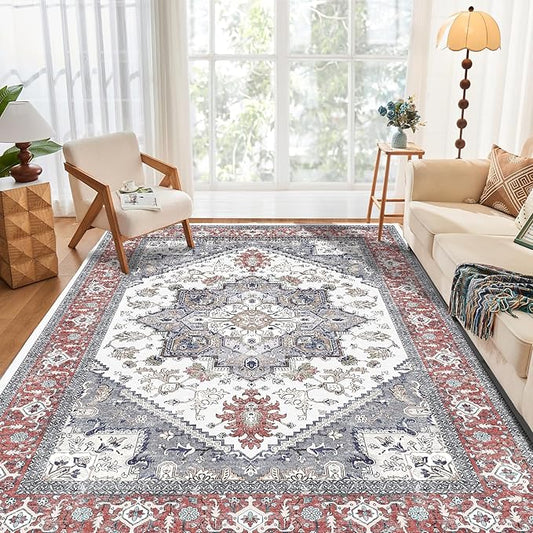 OPPODREAM Thin Area Rugs 4x6, Low-Pile Washable Rugs 4x6 with Non Slip Backing, Faux Cashmere 4 x 6 Throw Carpet, Red & Grey