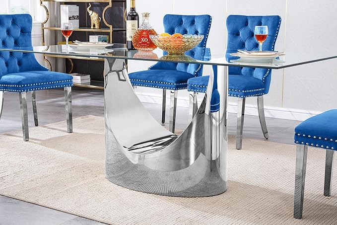 HomVent Modern Rectangle Glass Dining Table, 70''L x 35.4''W x 30''H, Silver With U Base, Clear Tempered Glass Top, Stainless Steel Base