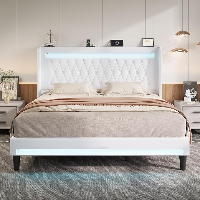 Allewie Upholstered King Size Platform Bed Frame with LED Light and Charging Station, Button Tufted High Headboard, Wingback Design, Noise Free, Easy Assembly, No Box Spring Needed, White