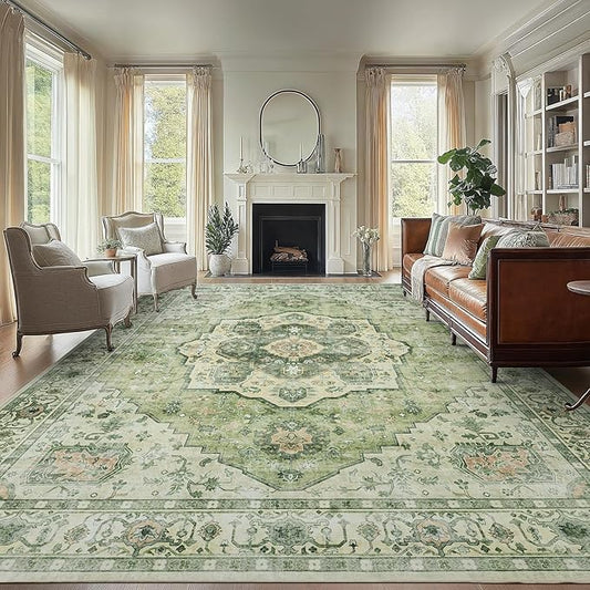 AMADA HOMEFURNISHING 9x12 Area Rug, Washable Low-Profile Large Area Rug with Non-Slip Backing & Durable Edge Binding, Vintage Large Rugs for Living Room, Bedroom