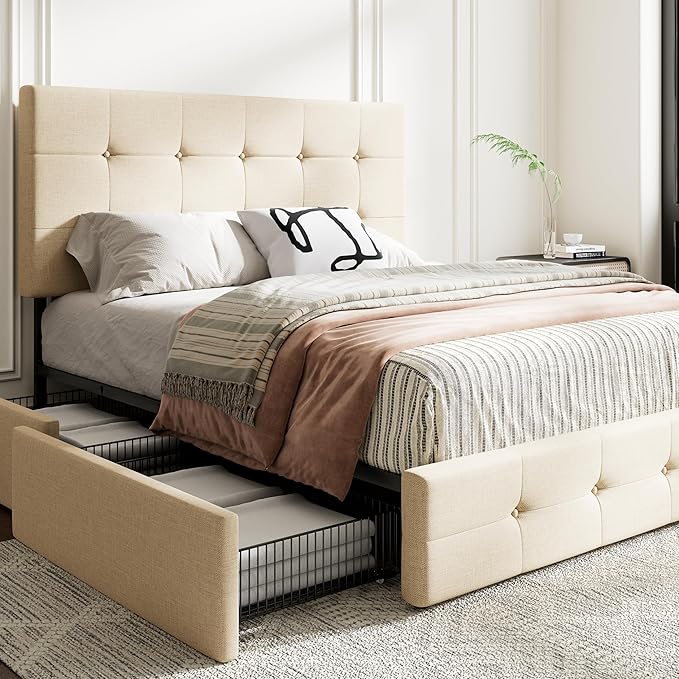 MUTICOR Queen Size Bed Frame with 4 Storage Drawers, Upholstered Platform Bed with Button Tufted Adjustable Headboard, No Box Spring Needed, Easy Assembly, Square Tufted, Beige Fabric