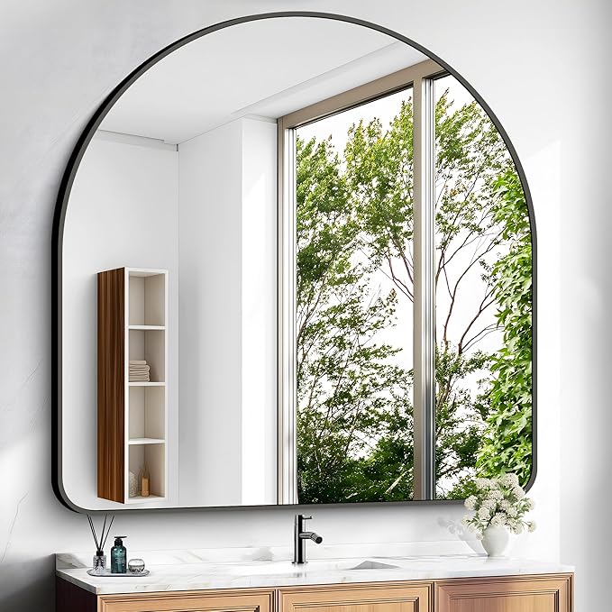 Arched Bathroom Mirror, 40"x40" Black Arched Mirror for Bathroom, Wall Mounted Mirror, Black Vanity Wall Mirror w/Metal Frame for Bedroom, Entryway, Living Room, Hanging or Leaning Against Wall