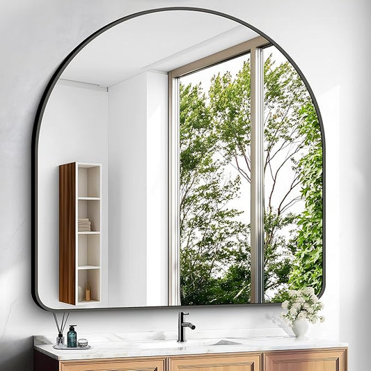 Arched Bathroom Mirror, 45"x45" Black Arched Mirror for Bathroom, Wall Mounted Mirror, Black Vanity Wall Mirror Metal Frame for Bedroom, Entryway, Living Room, Hanging or Leaning Against Wall