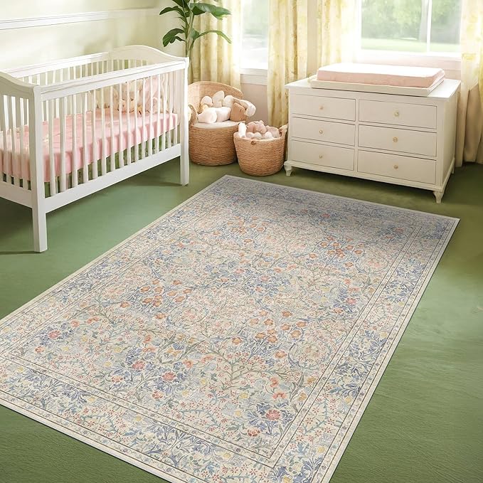 Vintage Washable Beige Blue Area Rugs for Bedroom Under Bed, Living Room, Nursery, Kitchen, Entryway, Low Pile Non Slip Stain Resistance Distressed Retro Indoor (Beige Blue, 4 x 6)